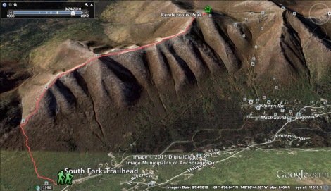 Google Earth screen capture the trail to Rendezvous Ridge.